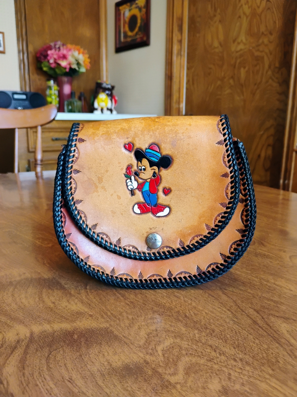Vintage Hand Tooled Leather Crossbody Purse Mickey Mouse Hand-painted Whip Stitc